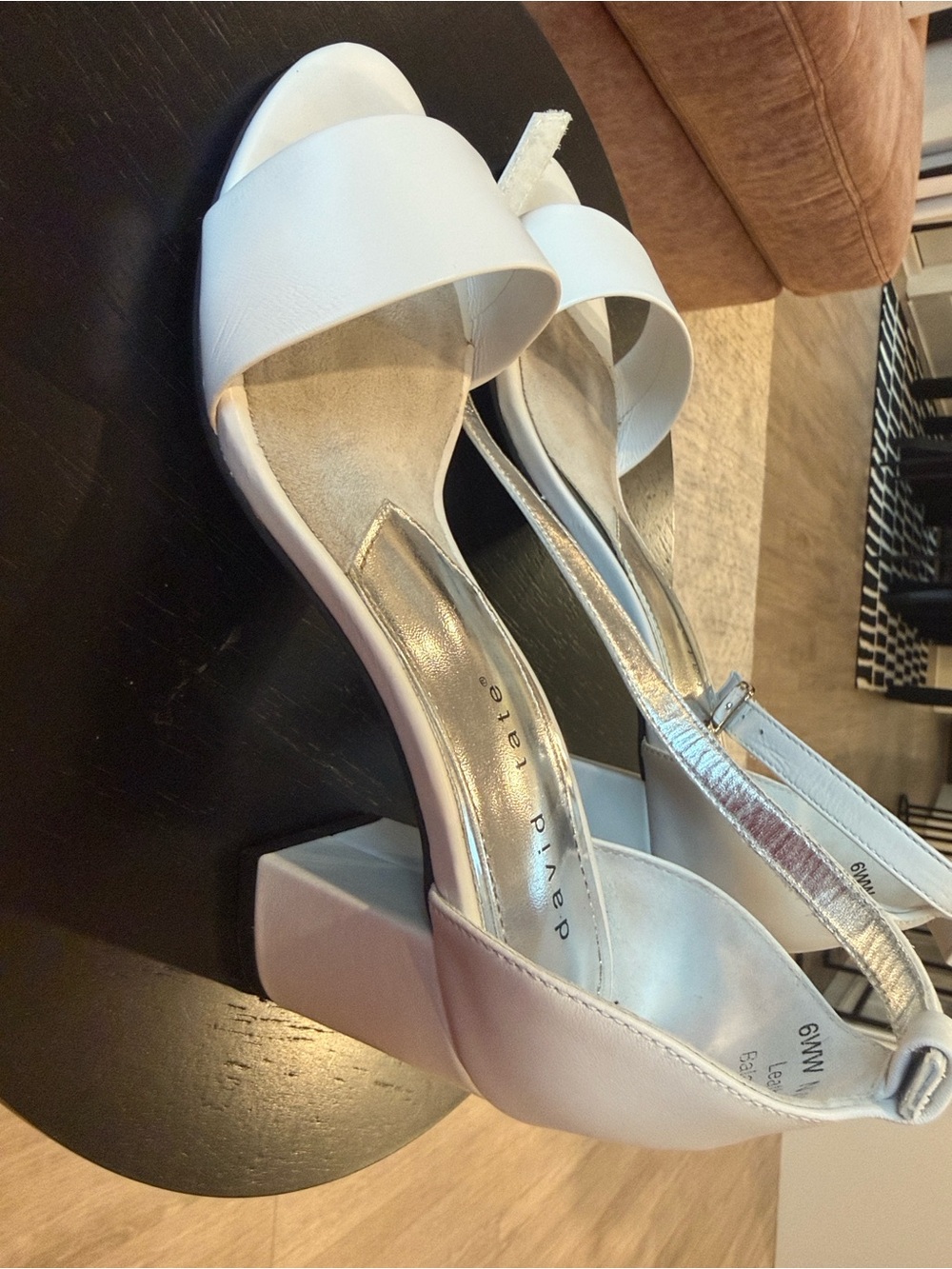 David Tate White Block Heel Slingback Sandals with Silver Lining